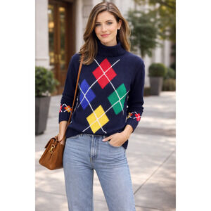 Vintage Liz Sport 90s Argyle Sweater Navy Multicolor Preppy Small